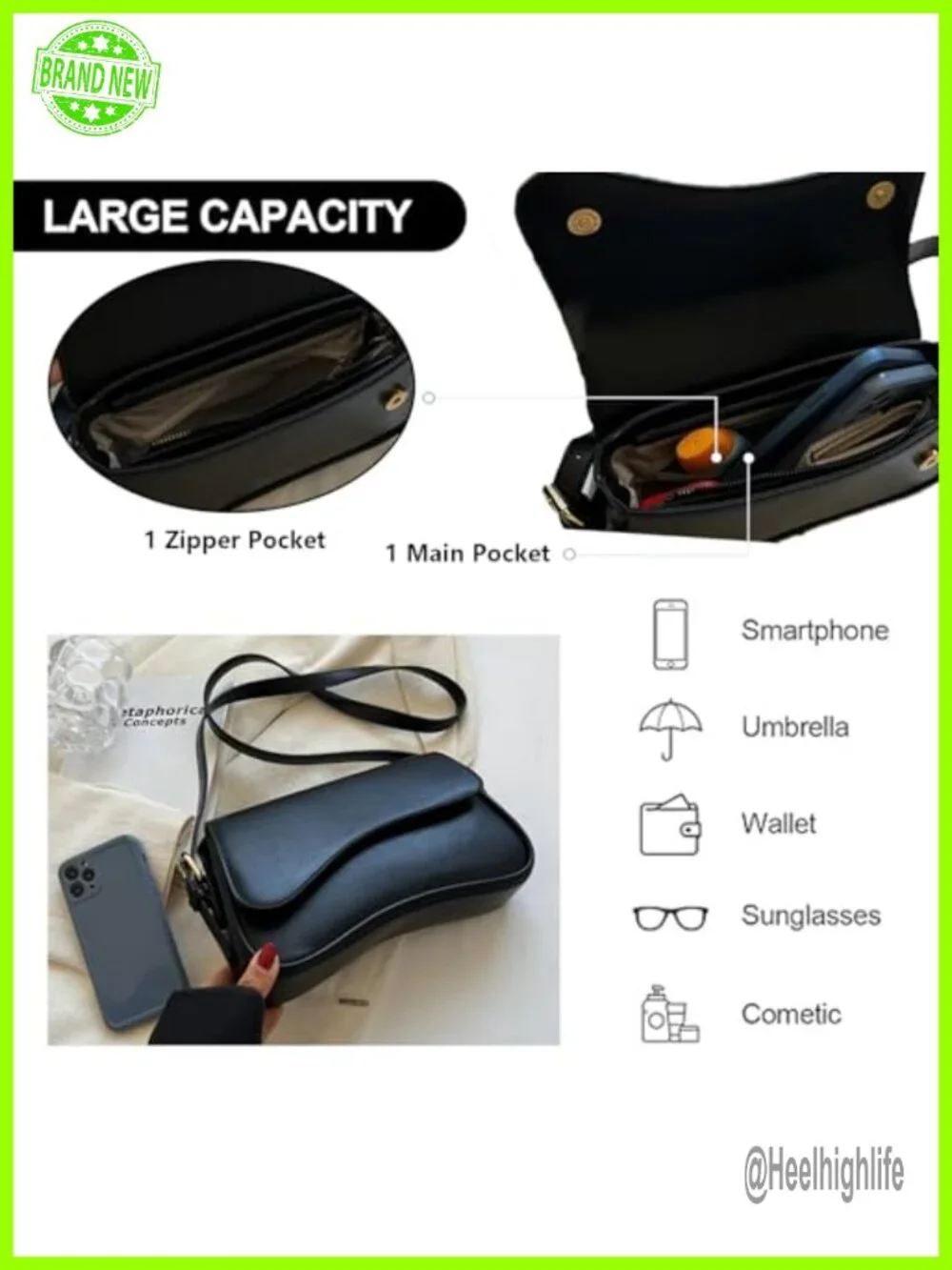 Saddle Shoulder Bag Vegan Leather Purse Hobo Handbag Zipper Clutch with 2 Straps